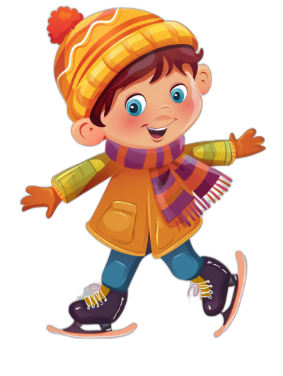 A cute little boy is ice skating, wearing orange and yellow winter  with blue eyes. The illustration is in a simple, flat cartoon style with a black background. His colorful  includes purple shoes and gloves, with a striped scarf and short brown hair.