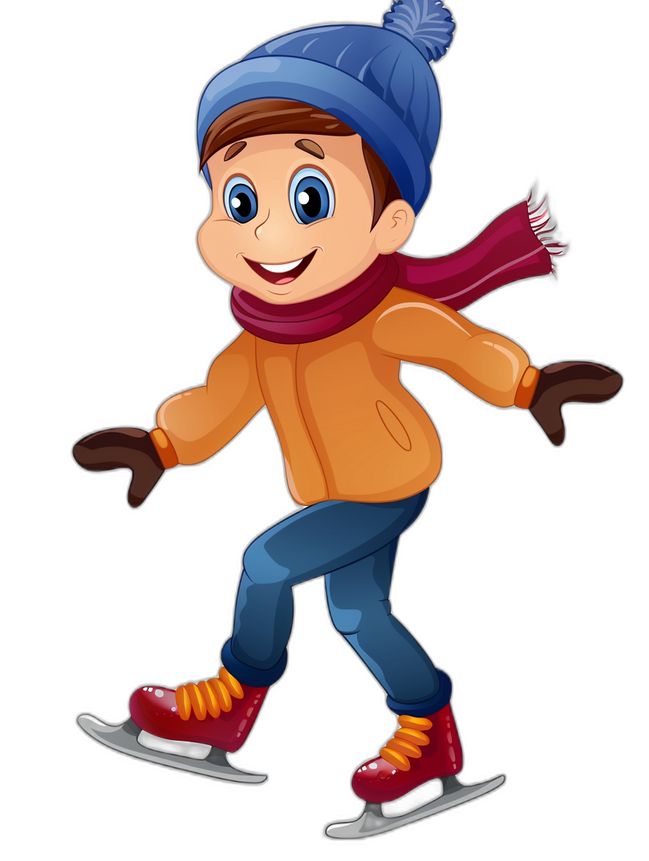 A cartoon-style boy ice skating, wearing winter  and gloves, in the style of clip art with a black background.