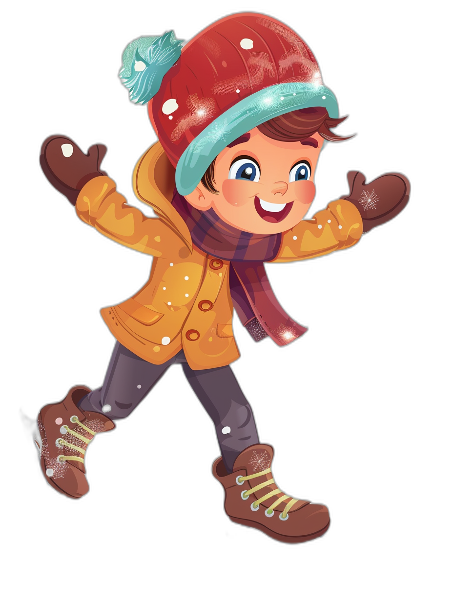 A cute cartoon boy wearing winter  is smiling and playing ice skating on a black background. The illustration is in a colorful style with colorful  and flat illustrations. The character design style is cartoon-like with simple backgrounds and full body portraits of the whole person. He is wearing gloves and a red hat with a snowflake decoration at a high-definition resolution.