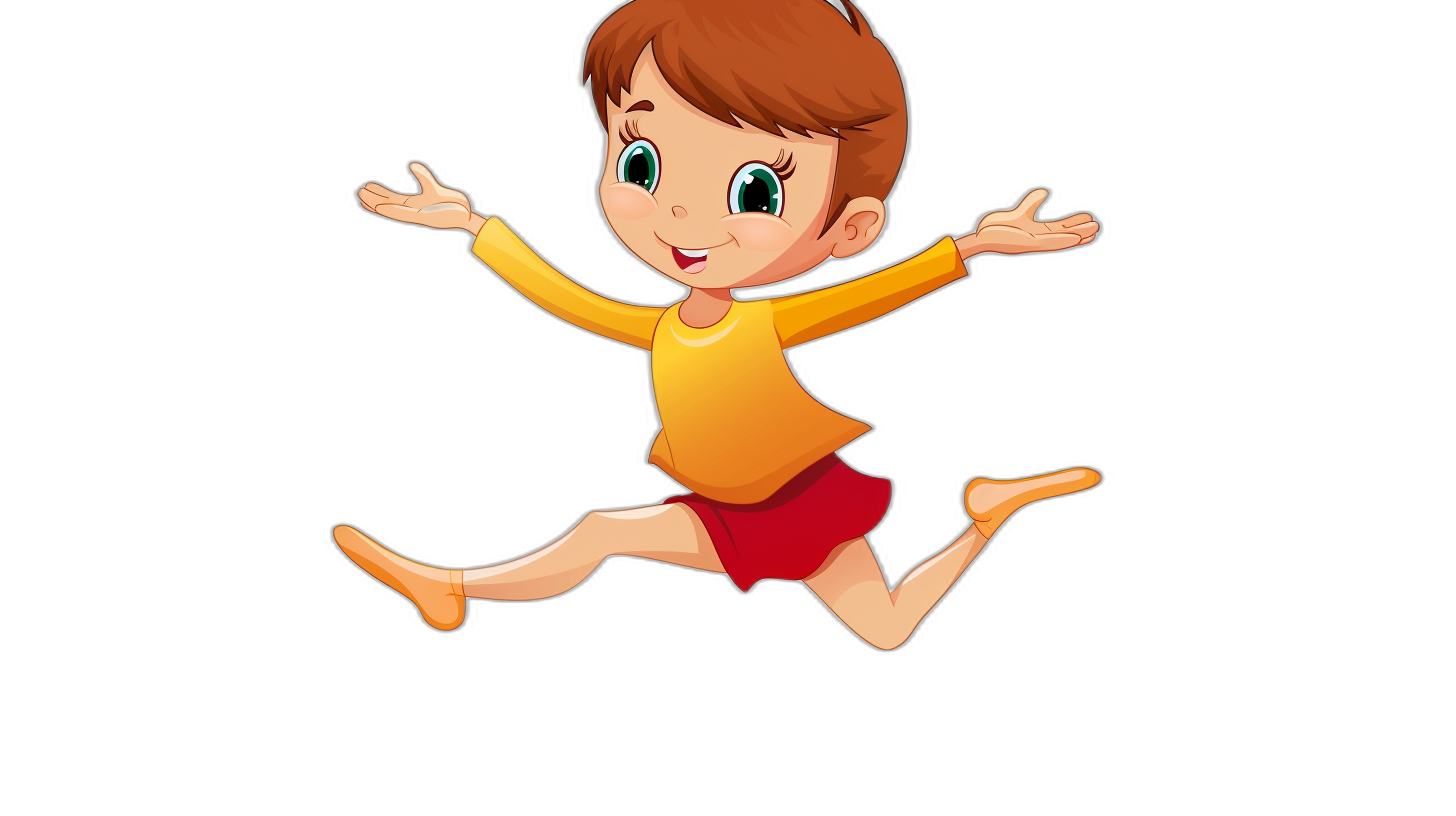 A cute cartoon character of a boy jumping in the air, with a simple flat illustration on a black background. The high resolution image is super detailed. The little girl has short brown hair and is wearing red shorts and a yellow long-sleeved shirt. She is smiling happily while flying through mid-air, exuding happiness and joy. In the style of anime.