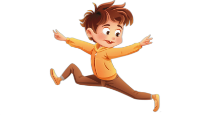 A cute cartoon boy is jumping, wearing brown pants and a yellow long-sleeved shirt with a black background. The style of the illustration features Disney animation characters. He has short hair, big eyes, bright colors, lively movements, a smile expression, a full body portrait, a lively jumping action, and a lively posture.