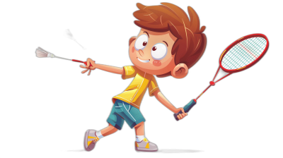 A little boy playing badminton in a vector illustration style with a black background, a cute cartoon character design, colorful animation stills in the style of Q-version manga, a Disney Pixar cartoon style, a full body portrait in high resolution.