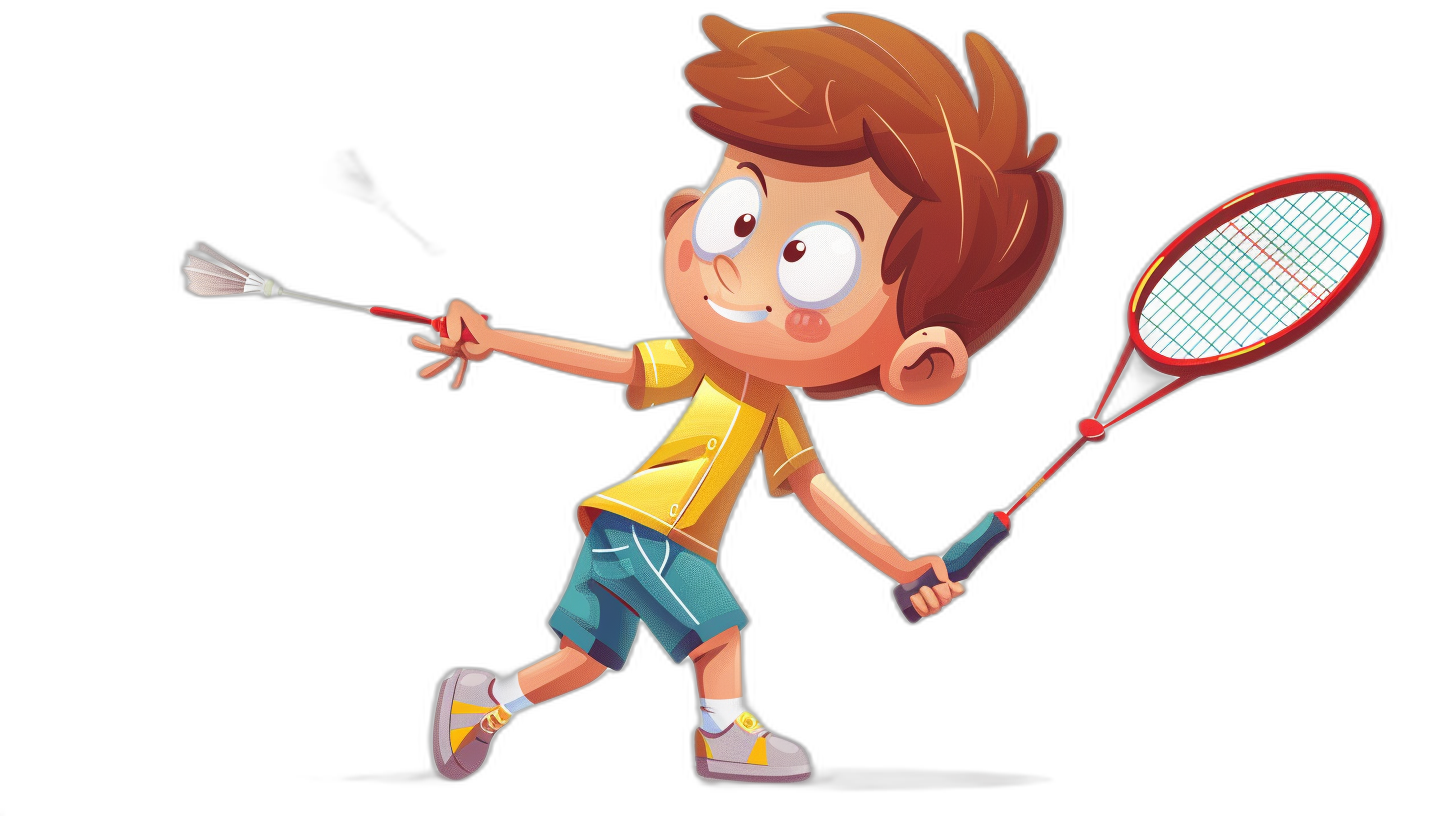 A little boy playing badminton in a vector illustration style with a black background, a cute cartoon character design, colorful animation stills in the style of Q-version manga, a Disney Pixar cartoon style, a full body portrait in high resolution.