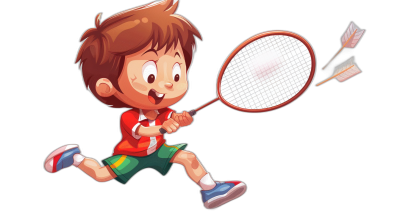 A little boy playing badminton in an cartoon style vector illustration with a black background. The character is wearing a red and white shirt and green shorts, holding the racket in his hand while jumping to hit an arrow. He has brown hair and blue shoes on his feet. Vector Illustration of a full body child character in an action pose. Vector illustration with a black background. Isolated on a pastel color background.