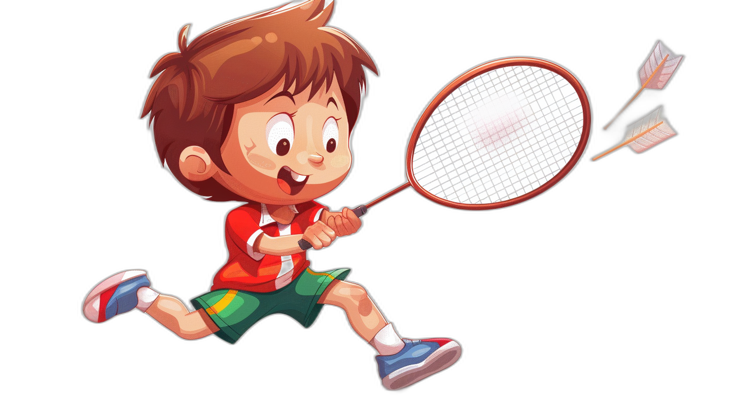 A little boy playing badminton in an cartoon style vector illustration with a black background. The character is wearing a red and white shirt and green shorts, holding the racket in his hand while jumping to hit an arrow. He has brown hair and blue shoes on his feet. Vector Illustration of a full body child character in an action pose. Vector illustration with a black background. Isolated on a pastel color background.