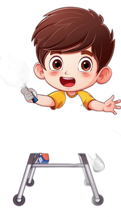 A cute cartoon of an Asian boy with brown hair and big eyes, playing table tennis on the back stand, smiling happily. A full body portrait in the style of a vector illustration with a simple black background and lines. A high resolution, high detail, high quality cartoon character design with the best details and high definition highlights.