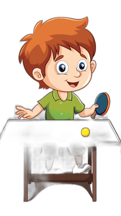 A cartoon boy playing table tennis in a vector illustration for a game icon on a black background. He is wearing a green shirt and has blue eyes, holding the bat with his right hand and hitting the ball on top of an empty dark red player's seat in front of him. He has one leg crossed over another underfoot, with long brown hair and short sideburns, with bright white skin. He is smiling and looking at the camera in the style of a cartoon.