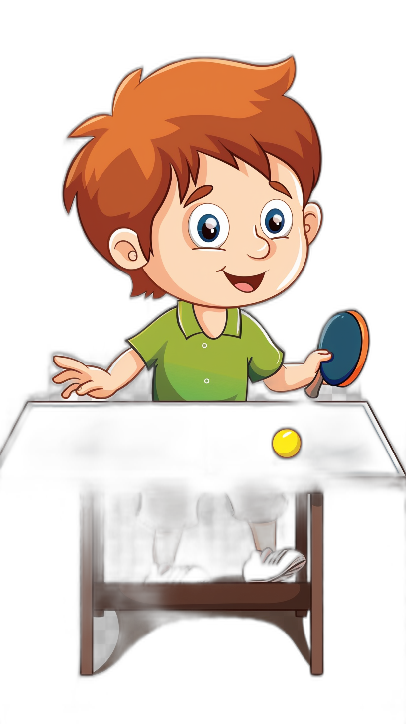 A cartoon boy playing table tennis in a vector illustration for a game icon on a black background. He is wearing a green shirt and has blue eyes, holding the bat with his right hand and hitting the ball on top of an empty dark red player’s seat in front of him. He has one leg crossed over another underfoot, with long brown hair and short sideburns, with bright white skin. He is smiling and looking at the camera in the style of a cartoon.