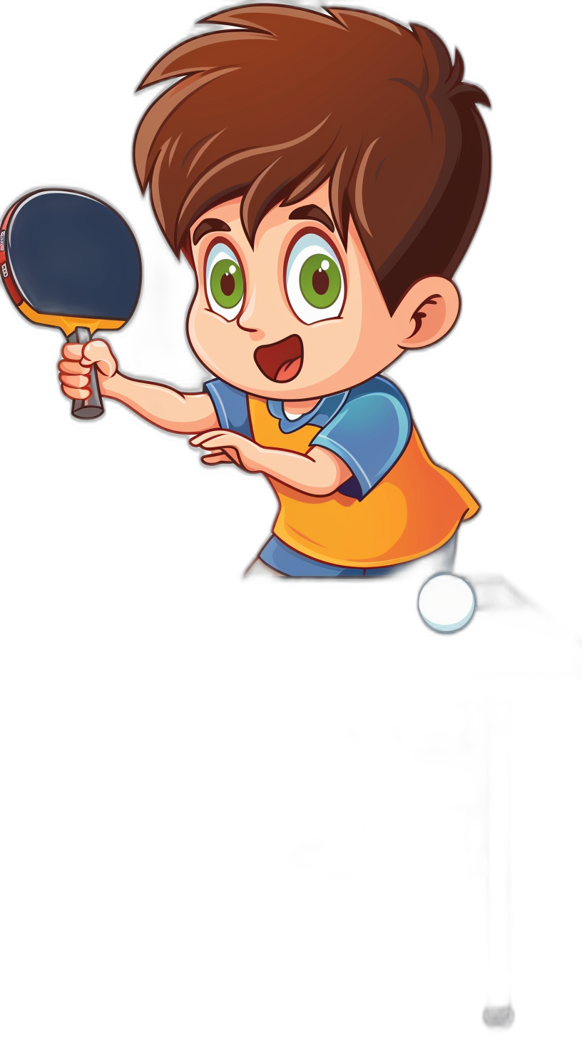 cartoon style, vector design of a kid playing table tennis with bright eyes and brown hair on a black background, cartoon character design for a t-shirt print, clip art sticker style, vector illustration, vector graphic design, vector graphic logo, vector graphics only, white outline, white color, green highlights color, in the style of vector graphic design.