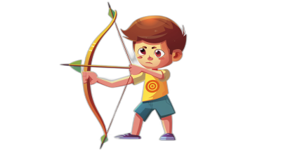 A cartoon boy with brown hair, wearing shorts and a yellow shirt is shooting arrows from his bow on a black background. The style of the illustration should be in bright colors and have an animated character feel to it, in the style of flat design and vector art with no shadows. He has big eyes that look friendly or sad. His face looks serious but not very happy, as if he's lost something before but is still trying to find joy in life. It would add some color or charm to your game.