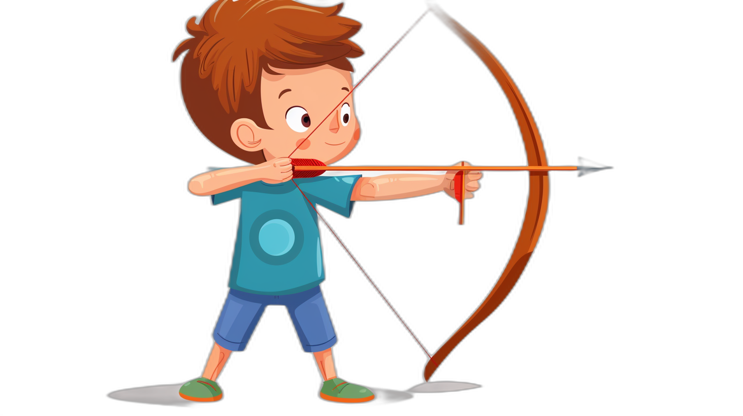 Cartoon boy shooting a bow and arrow, vector illustration with a black background, simple design with a simple color scheme, in the style of children’s book illustrations, flat colors without shadows, vector artwork with clean lines and no gradients, high resolution image.