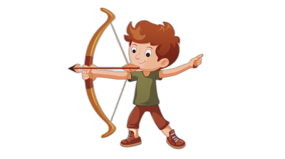 A cartoon boy shooting an arrow in a vector illustration style with a black background. The character is dressed in brown shorts and a green t-shirt. He has short hair, holding the bow on his shoulder while aiming at something. In front of him there are no objects or elements to cover his face. It should be simple yet attractive to children aged between five and ten years old.