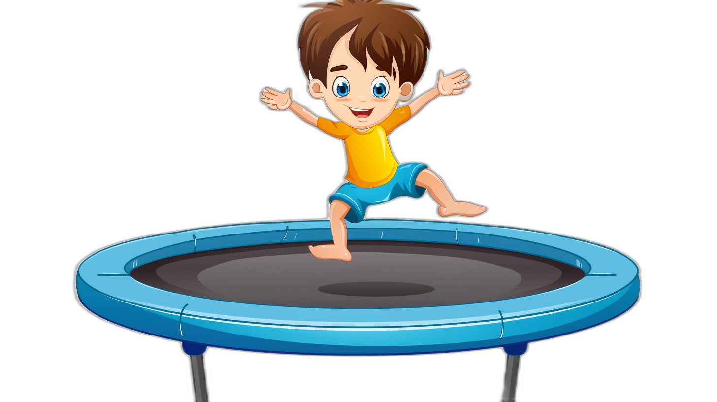 A cartoon boy jumping on the trampoline, vector illustration with black background, cute and funny style, colorful blue colors, high resolution, no text or letters in the picture