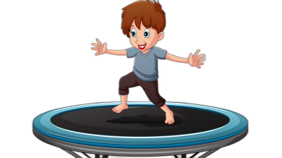 A cartoon boy is standing on the trampoline in a vector illustration with a black background. The little man has brown hair and blue eyes, wearing a gray short-sleeved shirt and dark pants. He was smiling happily while jumping up in mid-air in the style of Cartoon art by [Don Bluth](https://goo.gl/search?artist%20Don%20Bluth).