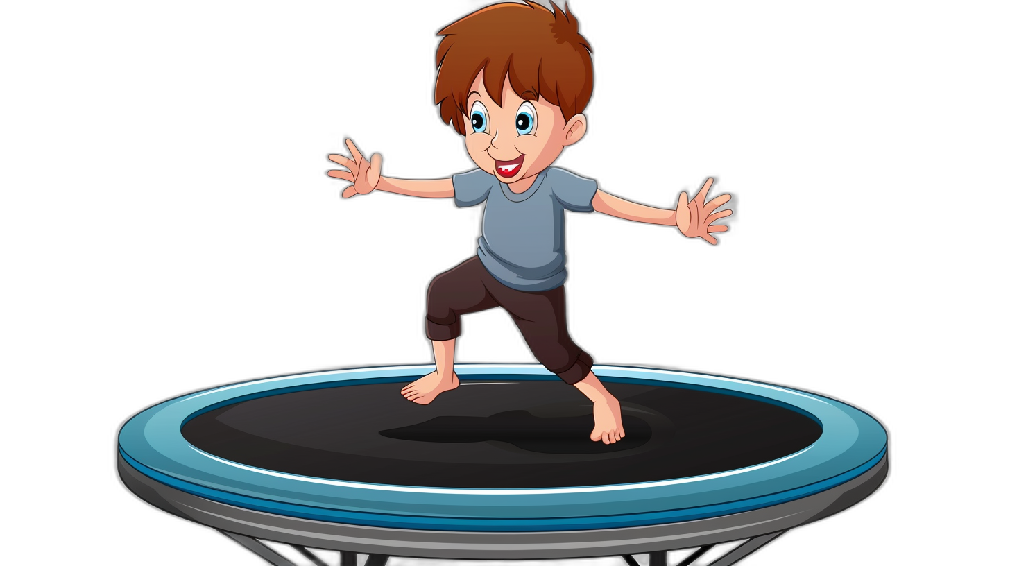 A cartoon boy is standing on the trampoline in a vector illustration with a black background. The little man has brown hair and blue eyes, wearing a gray short-sleeved shirt and dark pants. He was smiling happily while jumping up in mid-air in the style of Cartoon art by [Don Bluth](https://goo.gl/search?artist%20Don%20Bluth).