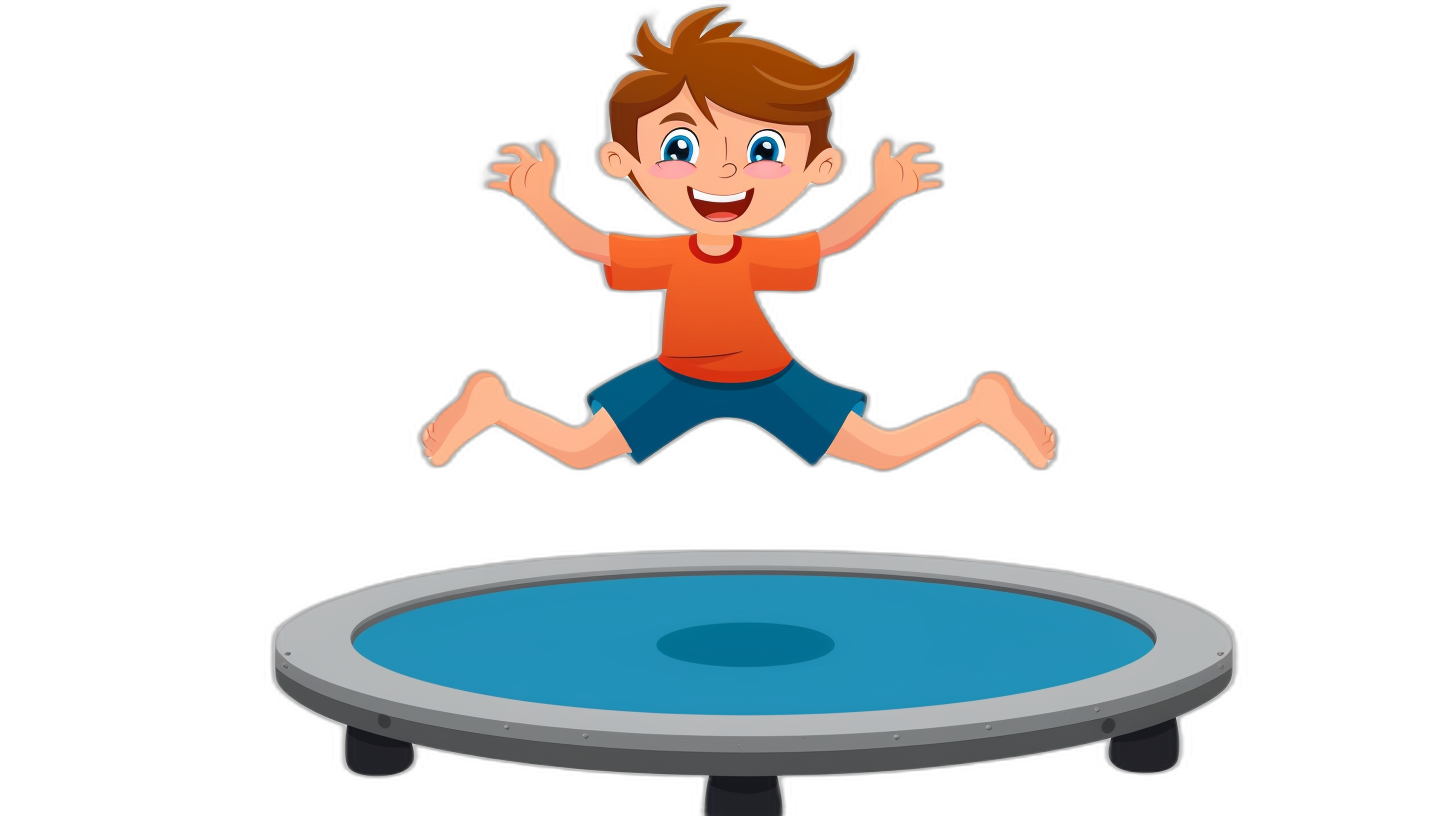 A cartoon boy jumping on a trampoline in a vector illustration with a black background, flat design, simple and clean style, simple lines, simple details, simple shapes, flat colors, bright blue eyes, smiling face, happy expression, solid color t-shirt, blue shorts, full body shot, cartoon character design in the style of a cartoon.