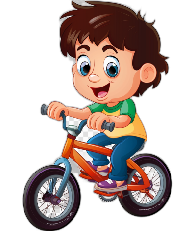 A cute cartoon of a happy boy riding a bicycle in the style of clip art, isolated on a black background, high resolution vector.