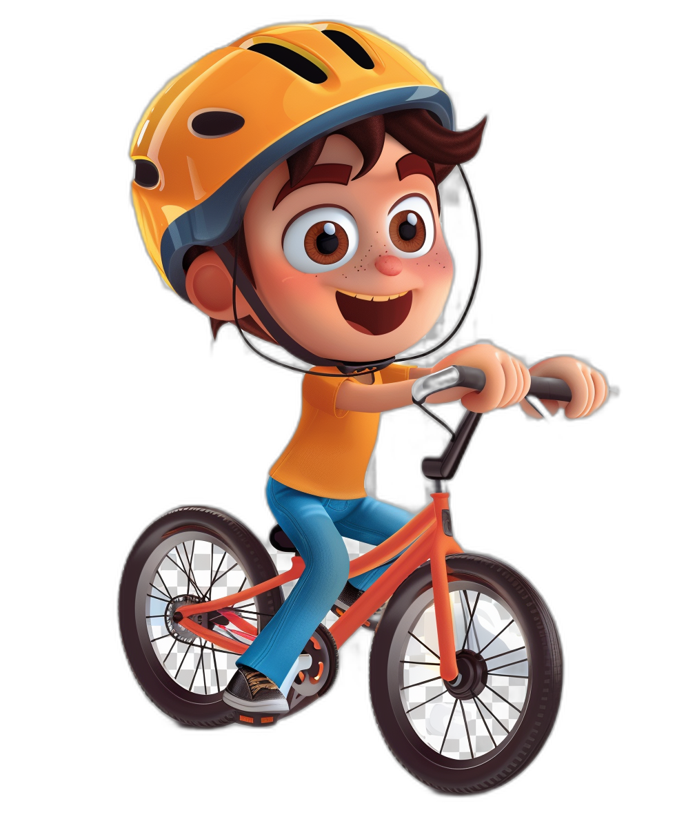 A cute boy is riding his bike, wearing an orange helmet and blue pants with black shoes on each foot. He has brown hair, big eyes, smiling face expression, simple background, in the style of Pixar. Black solid color background, full body shot, high definition, high resolution, high detail, 3D rendering.