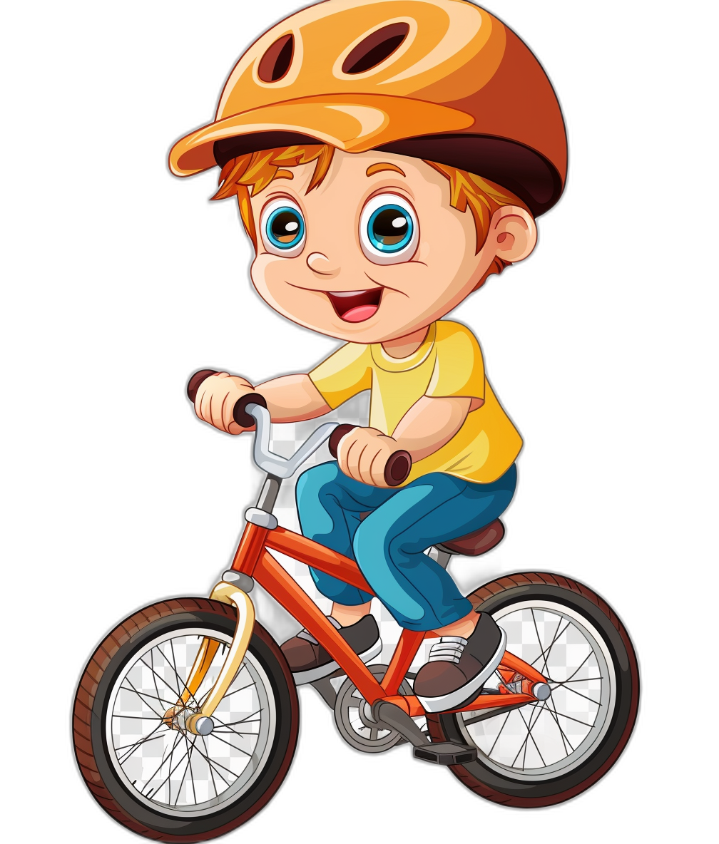 A cute cartoon boy is riding his bike in the style of a vector illustration with a black background, using colorful colors, with high resolution, high quality, high detail, and smooth edges and clean lines in a cartoon style with the best details.