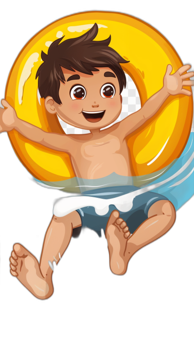 vector sticker art, cute cartoon style of happy boy with brown hair and dark blue swim trunks floating on an inflatable yellow ring in the water, solid black background,