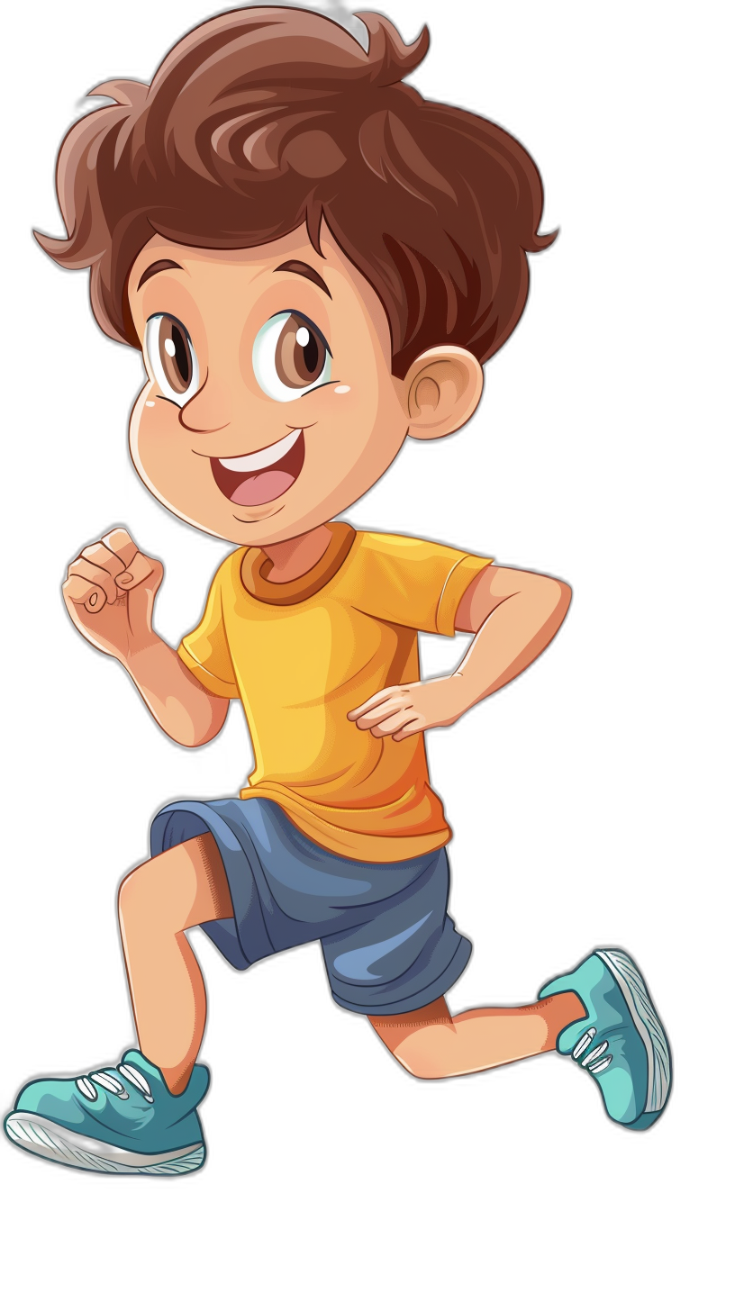 A cute cartoon boy is running, smiling and happy expression on his face, full body shot, flat illustration style with black background, simple drawing, colorful , short brown hair, blue shoes, yellow t-shirt, dark gray and light cyan color scheme, high definition, high resolution, best quality