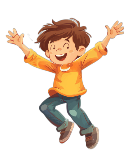 A cute cartoon boy is jumping up with his hands raised, smiling happily. He wears an orange long-sleeved shirt and blue jeans on a black background, in the style of cartoon. The illustration has bright colors and highlights the character's happy expression. This scene showcases lively movements and joyful emotions.