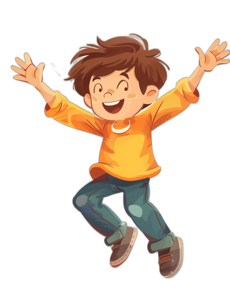 A cute cartoon boy is jumping up with his hands raised, smiling happily. He wears an orange long-sleeved shirt and blue jeans on a black background, in the style of cartoon. The illustration has bright colors and highlights the character’s happy expression. This scene showcases lively movements and joyful emotions.