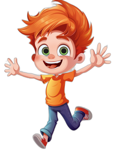 Cute cartoon illustration of a red haired boy with an orange t-shirt and blue jeans jumping happily on a black background with green eyes, in the style of Pixar.