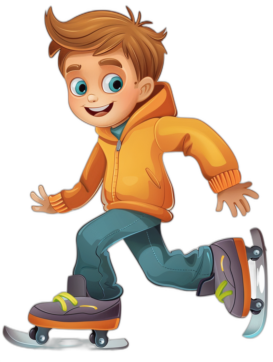 A cartoon boy is skating, wearing an orange jacket and blue jeans in a cute style against a simple black background. It is a colorful vector illustration of a full body portrait in the Disney animation style. The cartoon character has black shoes with purple laces on his feet and a cute hair color and facial expression. The artwork is in bright colors with a high definition resolution in a cartoon art style.