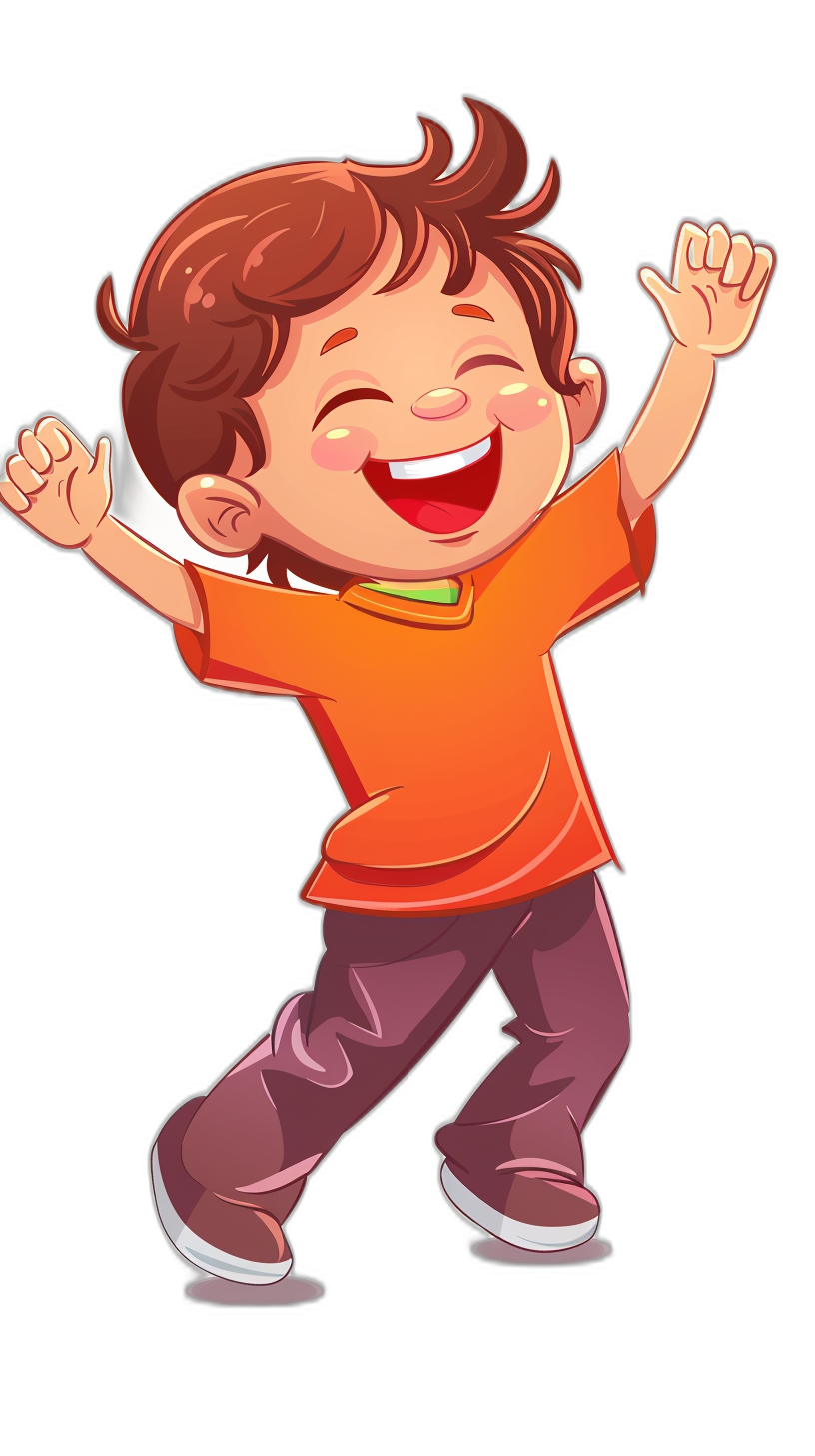 A cute little boy laughing and dancing, vector illustration in a cartoon style with a solid black background. The character is wearing an orange t-shirt over purple pants, dark brown hair, waving his arms up happily, smiling with bright teeth, embodying happiness. He has no shoes on, depicted from the side as he stands upright. This design should be suitable for graphic illustrations or T-shirts in the style of cartoon.