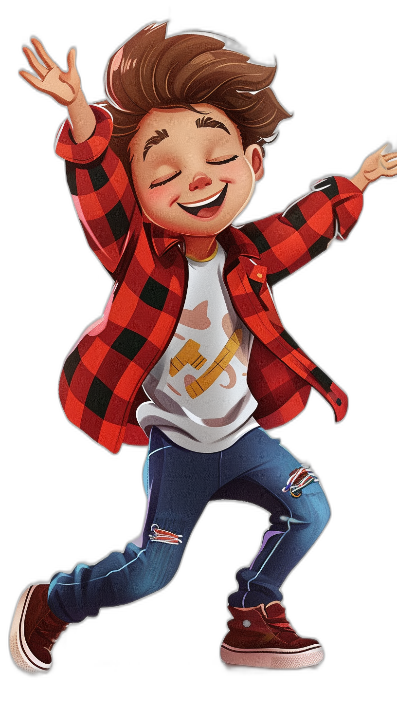 cartoon, happy boy with brown hair and plaid jacket dancing on a black background, wearing a white t-shirt, blue jeans, and red shoes, in the style of Pixar, in the Disney cartoon style, in the Disney animation illustration style, high quality, high resolution, high detail, high definition, hyper realistic, hyper detailed