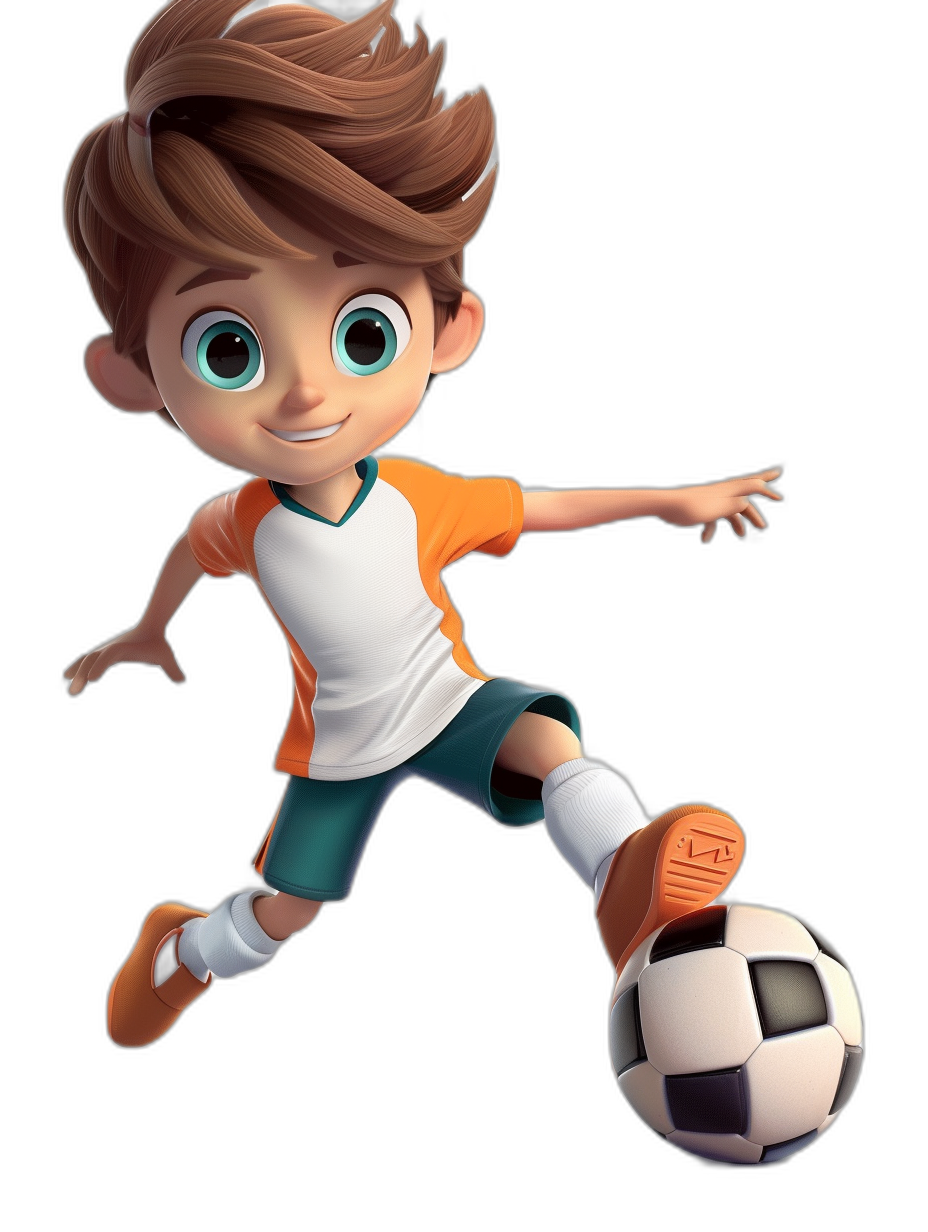 A cute little boy playing football in the style of Disney Pixar animation character design, on a black background, wearing white and orange  with green shorts, he is smiling while kicking the ball, with big eyes, brown hair, high quality, high resolution, full body shot, 3D rendering, in the style of Pixar art illustration, 2d flat style, at a 45 degree perspective angle.