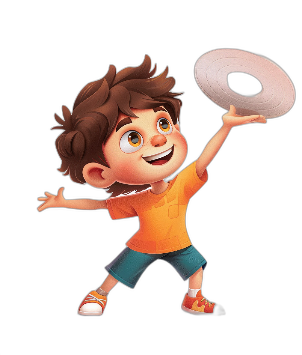 A cute boy is playing frisbee in the style of Pixar with a black background. The character has brown hair and wears an orange shirt, blue shorts, and white sneakers, holding the silver frisbee disc in his hand, smiling happily in a full body portrait in the style of Pixar.