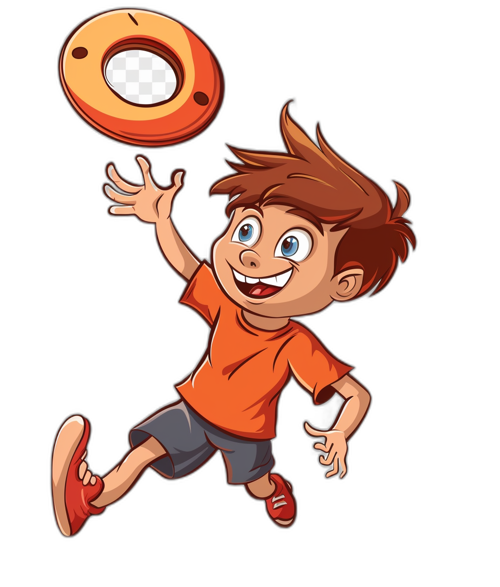 a cartoon vector illustration of happy boy playing frisbee, isolated on black background, t-shirt design