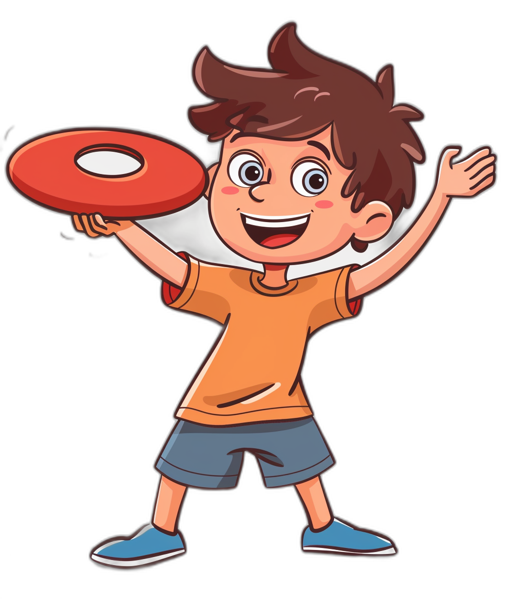 a happy boy with brown hair playing frisbee, clip art style cartoon illustration on black background