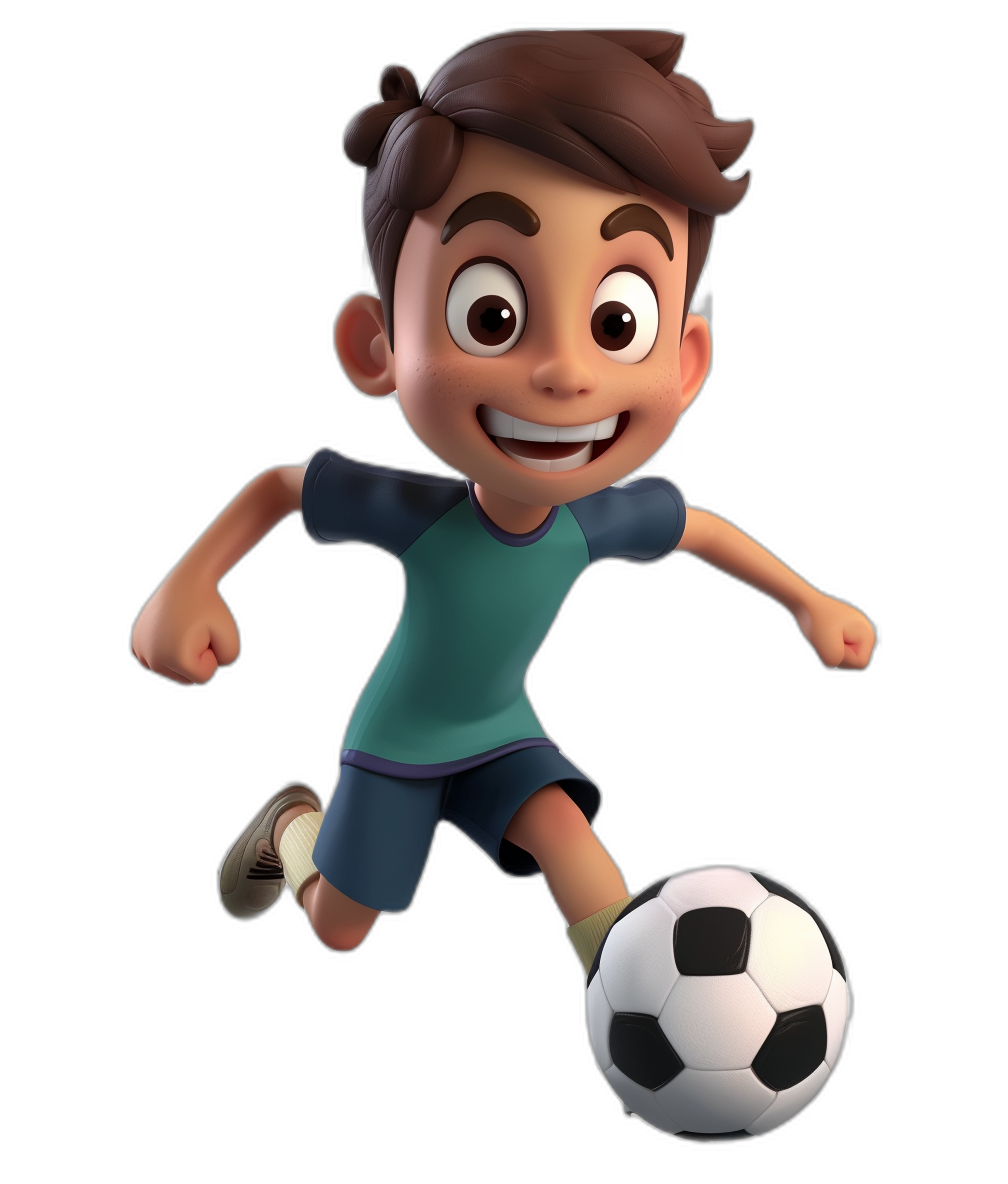 A cute cartoon boy playing soccer with a black background in the style of Pixar and Disney. The cartoon character is drawn in a 3D style.