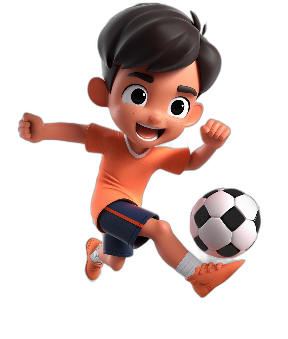 A cute Asian boy is playing football, smiling and kicking the ball with his right foot forward in the style of Disney Pixar on a black background. The character has an orange t-shirt, navy blue shorts, white socks, sneakers, big eyes, long eyelashes, short hair, black hair, and white skin tone with a cartoon animation effect, 3D rendering at a high resolution with high details. He wears sports shoes on his feet, ready to jump into action in his .