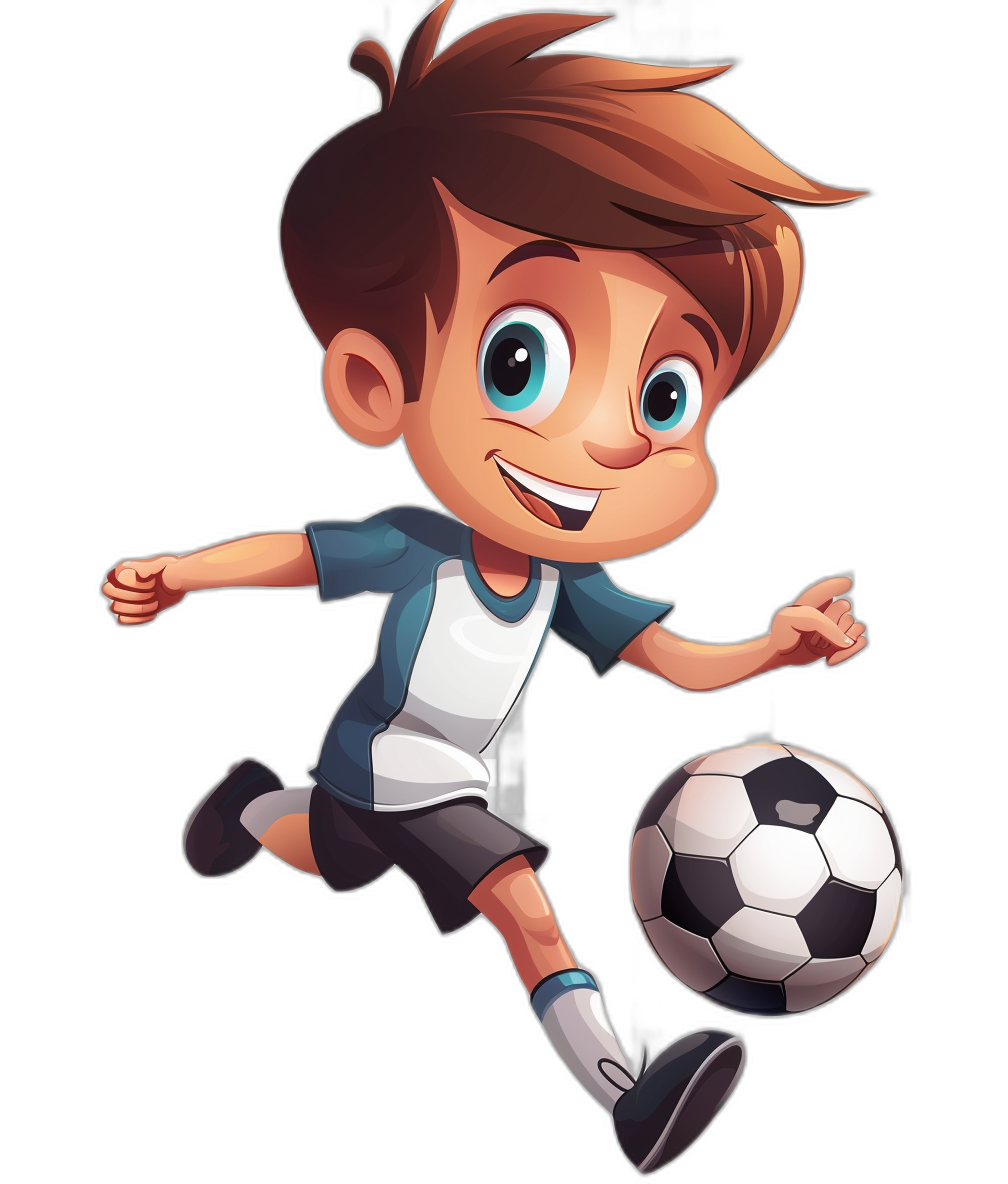 Cartoon illustrative style, cute boy playing soccer with black background. The character is dressed in white and blue jersey, dark brown hair, big eyes, smiling face, kicking the ball, wearing sneakers on his feet. A football lies next to him. Cartoon illustration. Vector graphics. Black isolated background.