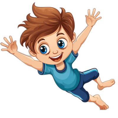 cartoon clip art, brown haired boy with blue eyes wearing a dark blue t-shirt jumping in the air, smiling face, black background, vector illustration.