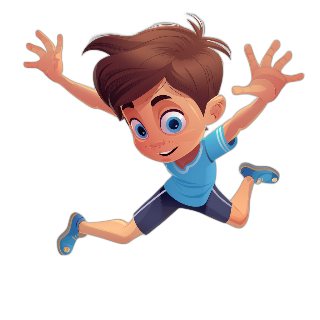 A cartoon boy in a blue shirt and black shorts is jumping. He has simple facial expressions and flatly designed hands in the style of illustration. On a pure background, the high quality and high resolution still captures the best details of his playful character design with bold colors and cute illustrations. The black background focuses on the boy.