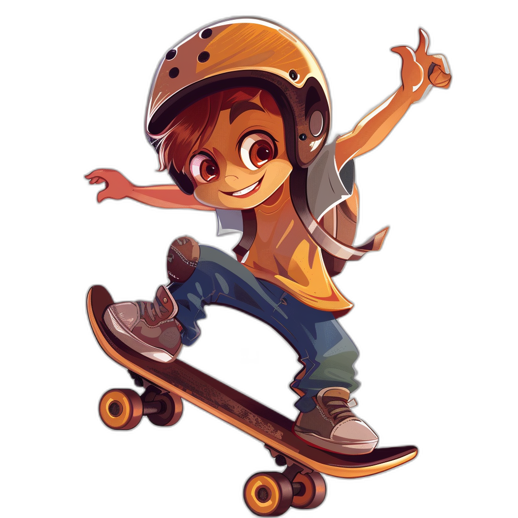 A cute cartoon character on a skateboard in a clip art style vector graphic design on a black background. The character is wearing a helmet and backpack. A cute boy with brown hair and big eyes in the style of a hand drawn illustration. Vector graphics cartoon character design wearing a t-shirt and brown shoes in a full body shot with a happy face expression. High resolution, high detail, high contrast, high quality professional illustration. Professional photography with professional lighting and professional color grading and professional shading.