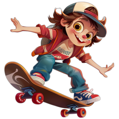 A cartoon character of an excited young boy with brown hair wearing blue jeans, a red shirt and a baseball cap is riding on his skateboard on a black background, in the style of [Artgerm](https://goo.gl/search?artist%20Artgerm). It is a full body shot of the boy wearing sneakers and gold earrings with a happy expression, in a Pixar style.