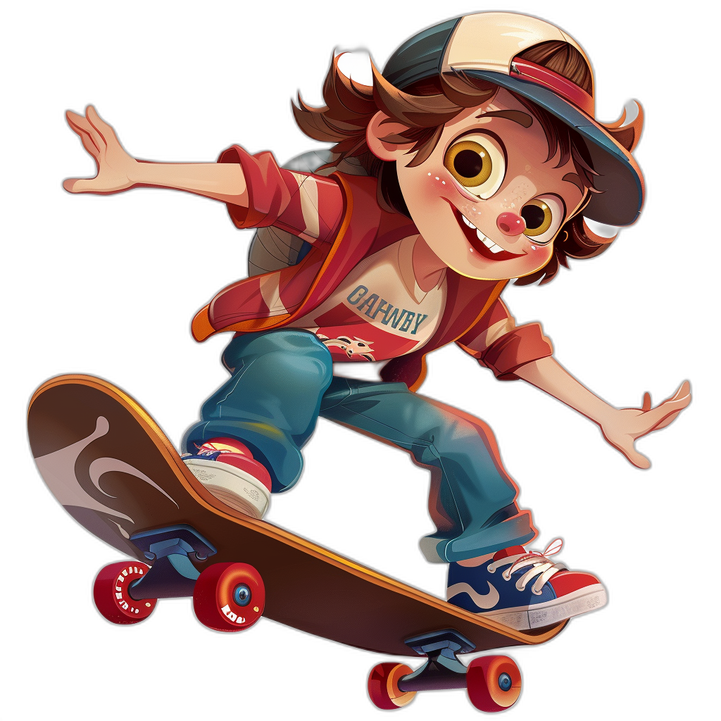 A cartoon character of an excited young boy with brown hair wearing blue jeans, a red shirt and a baseball cap is riding on his skateboard on a black background, in the style of [Artgerm](https://goo.gl/search?artist%20Artgerm). It is a full body shot of the boy wearing sneakers and gold earrings with a happy expression, in a Pixar style.