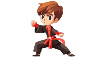 A cute little boy is depicted in black and red martial arts , doing the same pose as an anthropomorphic fighting game character with simple shapes. The background is a solid black with high contrast. He has brown hair and blue eyes. His expression looks focused on his stance, in the style of a cartoon.