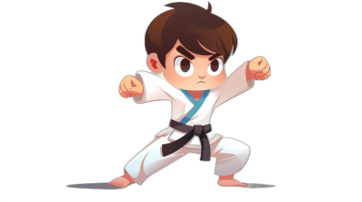 A young boy in a white jiu-jitsu uniform, with brown hair and blue eyes, is practicing karate on a black background. He has a short, dark, straight hairstyle with shaved sides and bangs. The character should be depicted in a cute, cartoon style, in the style of chibi anime art.