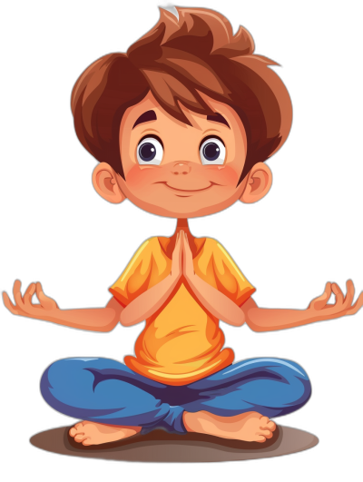 cartoon of happy boy doing yoga, clip art style, isolated on black background