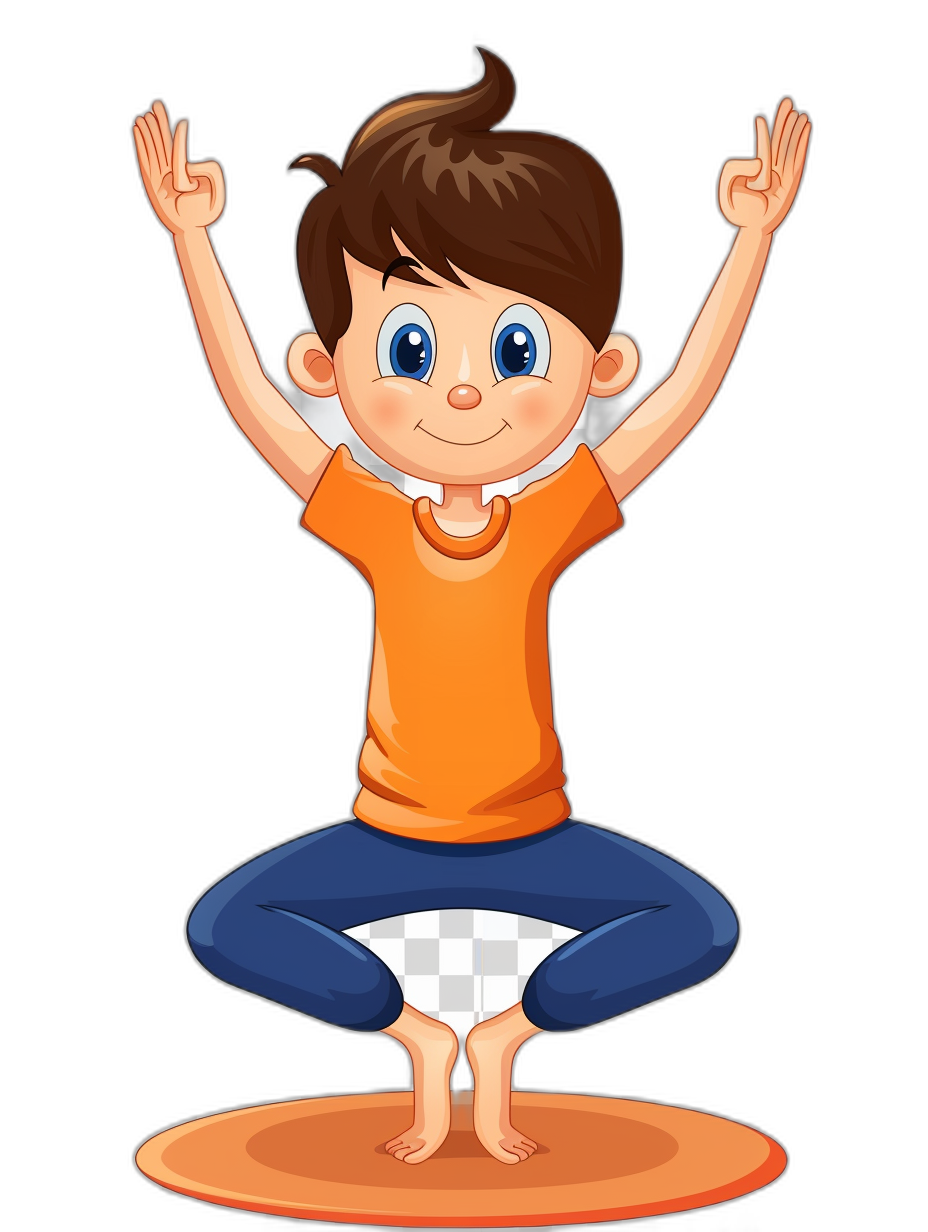 Cute cartoon boy doing yoga, vector illustration with black background. In the style of digital art. A young man in an orange t-shirt and blue pants is sitting on his knees at full height with hands raised above his head and smiling.