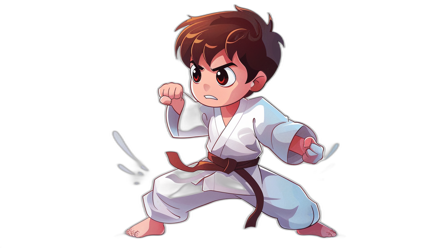 chibi style, young boy with brown hair in karate outfit doing side kick on black background