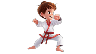 A young boy with brown hair in a white karate outfit and red belt is doing a side kick with simple facial expressions against a simple background in a full-body character concept art in the style of Pixar animation.