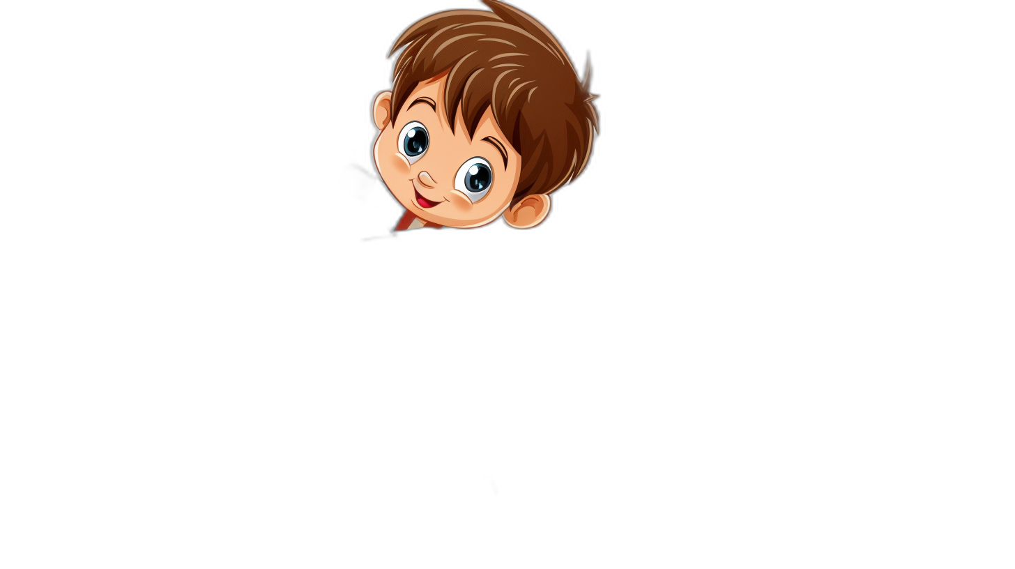 Little boy peeking out from behind the edge of a black background, in a cartoon style with a simple design reminiscent of Pixar animation, appearing cute and adorable.